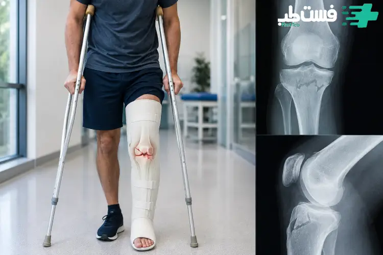 توانبخشی بیمار پس از شکستگی زانو با بریس و عصای زیر بغل
