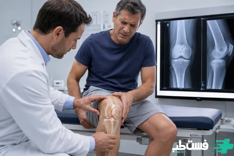 زشک در حال معاینه زانوی شکسته بیمار و بررسی تصاویر رادیولوژی